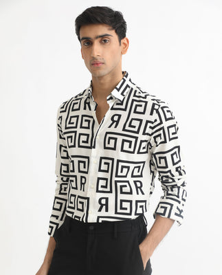 Rare Rabbit Men's Cruz Off White Cotton Viscose Fabric Full Sleeves Regular Fit Monogram Print Shirt