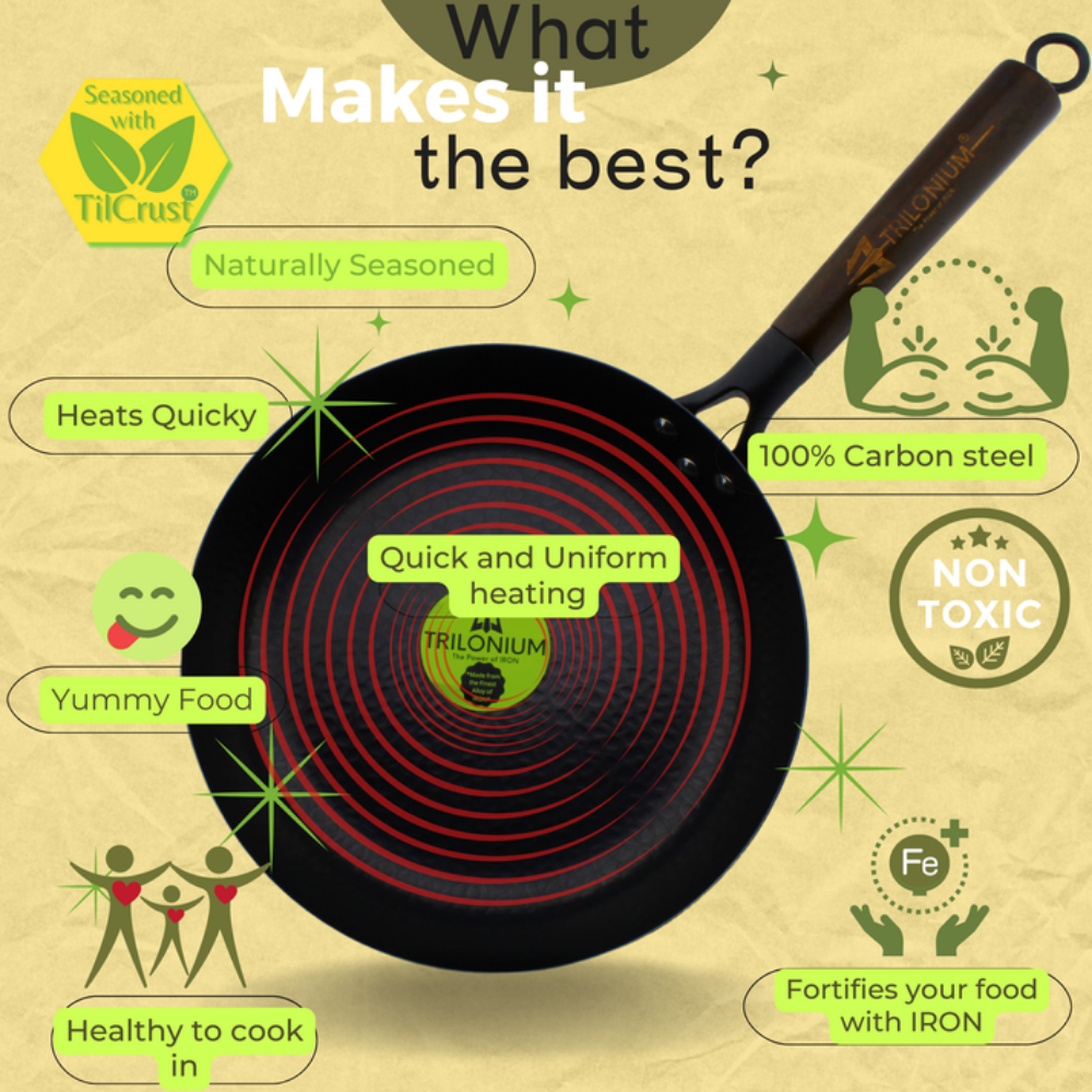 Trilonium Carbon Steel Skillet 26 cm Fry Pan Hammered finish and Pre-Seasoned | Black