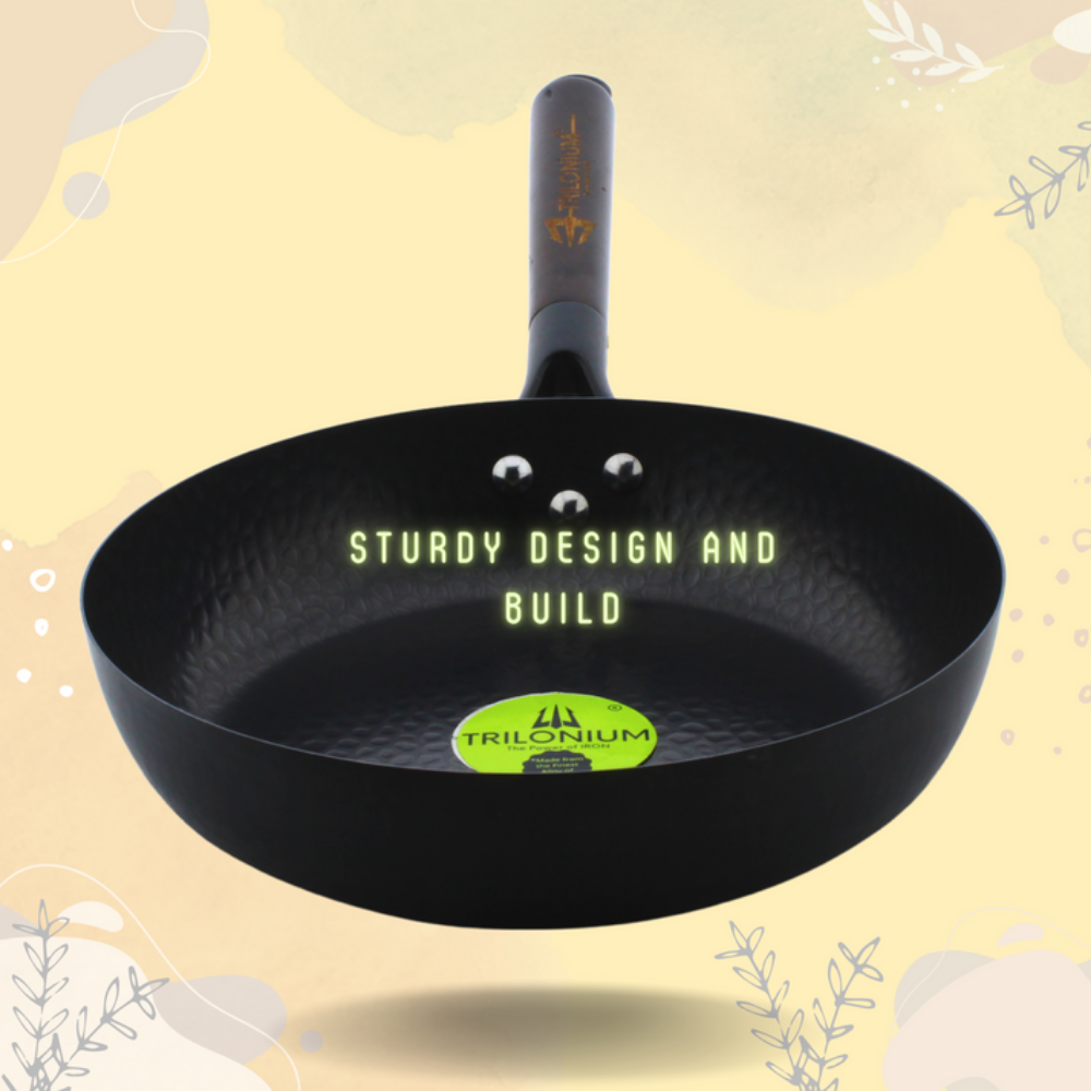 Trilonium Carbon Steel Skillet 26 cm Fry Pan Hammered finish and Pre-Seasoned | Black