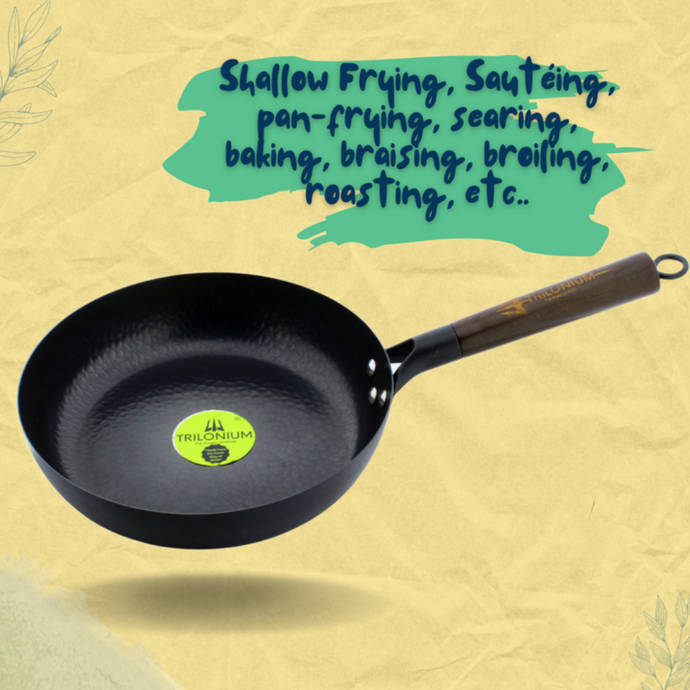 Trilonium Carbon Steel Skillet 26 cm Fry Pan Hammered finish and Pre-Seasoned | Black
