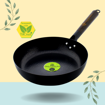 Trilonium Carbon Steel Skillet 26 cm Fry Pan Hammered finish and Pre-Seasoned | Black