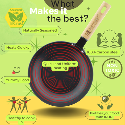 Trilonium Pre-Seasoned Carbon Steel Skillet Fry Pan 22 cm | Gas & Induction Compatible | Black