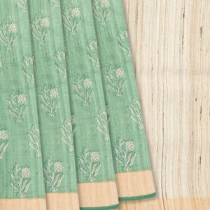 Cardamom Green Handloom Tussar Silk Saree With Printed Floral Motifs & Beige Border-Cardamom Green