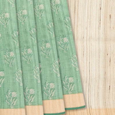 Cardamom Green Handloom Tussar Silk Saree With Printed Floral Motifs & Beige Border-Cardamom Green