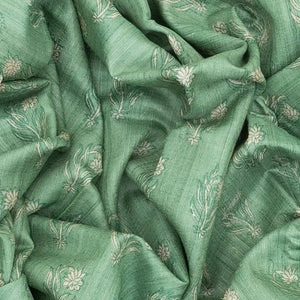 Cardamom Green Handloom Tussar Silk Saree With Printed Floral Motifs & Beige Border-Cardamom Green
