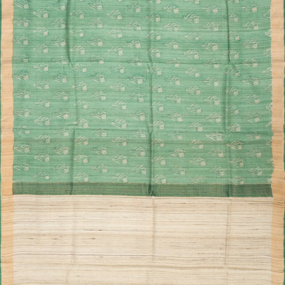 Cardamom Green Handloom Tussar Silk Saree With Printed Floral Motifs & Beige Border-Cardamom Green