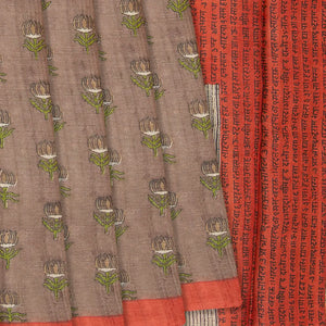 Taupe Handloom Tussar Silk Saree With Printed Lotus Motifs -Taupe