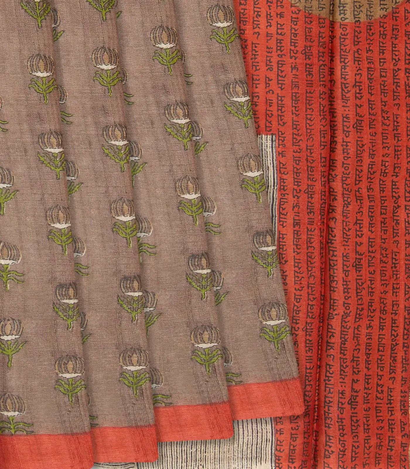 Taupe Handloom Tussar Silk Saree With Printed Lotus Motifs -Taupe