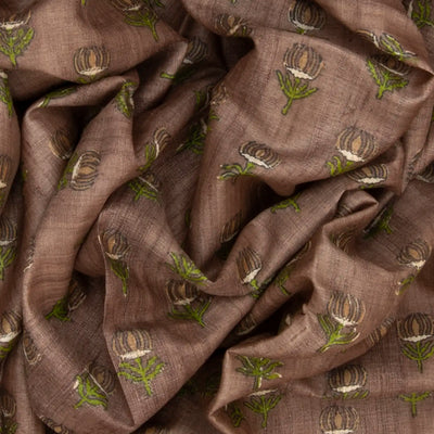 Taupe Handloom Tussar Silk Saree With Printed Lotus Motifs -Taupe