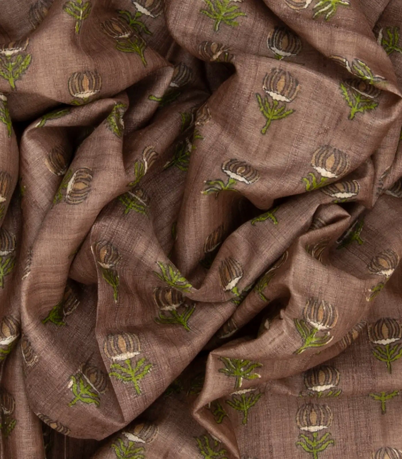 Taupe Handloom Tussar Silk Saree With Printed Lotus Motifs -Taupe
