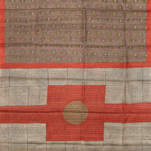 Taupe Handloom Tussar Silk Saree With Printed Lotus Motifs -Taupe