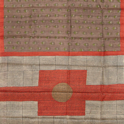 Taupe Handloom Tussar Silk Saree With Printed Lotus Motifs -Taupe