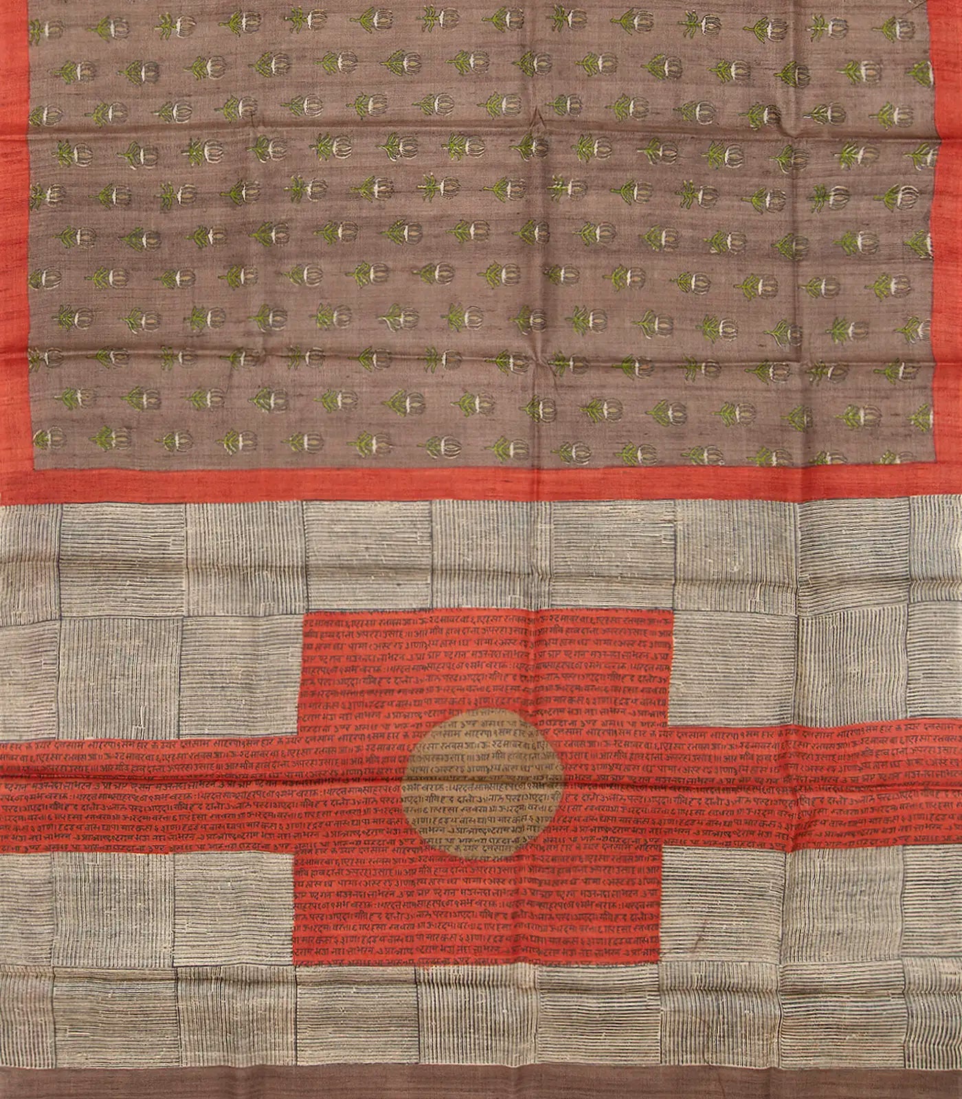 Taupe Handloom Tussar Silk Saree With Printed Lotus Motifs -Taupe