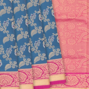 Blue Handloom Soft Silk Saree With Floral Vine Motifs & Pink Border-Blue