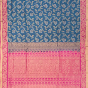 Blue Handloom Soft Silk Saree With Floral Vine Motifs & Pink Border-Blue