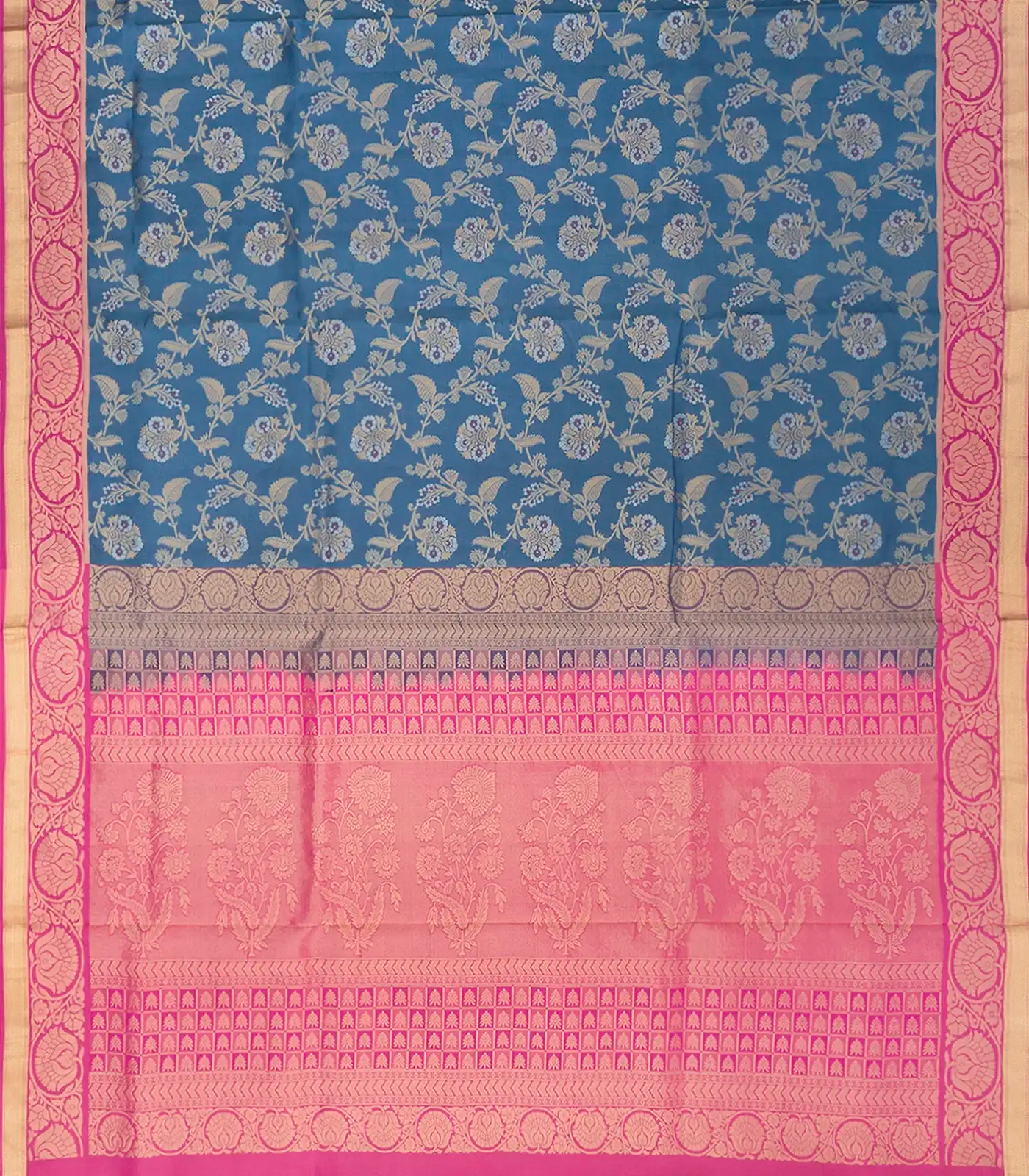 Blue Handloom Soft Silk Saree With Floral Vine Motifs & Pink Border-Blue