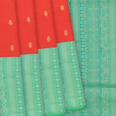 Red Handloom Soft Silk Saree With Floral Butta & Aquamarine Pallu-Red