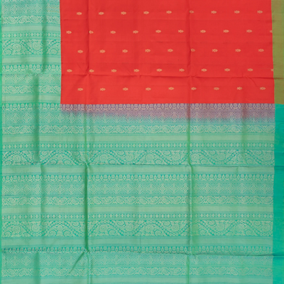 Red Handloom Soft Silk Saree With Floral Butta & Aquamarine Pallu-Red