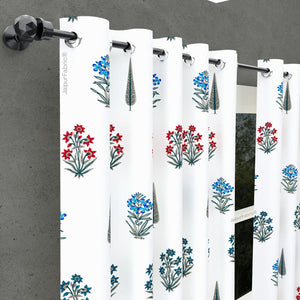 India Blocks of Red Blue Flowers Grey Leaves Block Printed Curtains