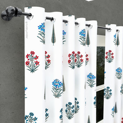 India Blocks of Red Blue Flowers Grey Leaves Block Printed Curtains