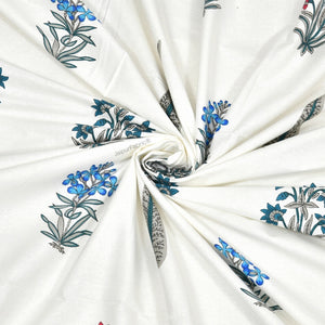 India Blocks of Red Blue Flowers Grey Leaves Block Printed Curtains