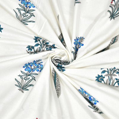 India Blocks of Red Blue Flowers Grey Leaves Block Printed Curtains