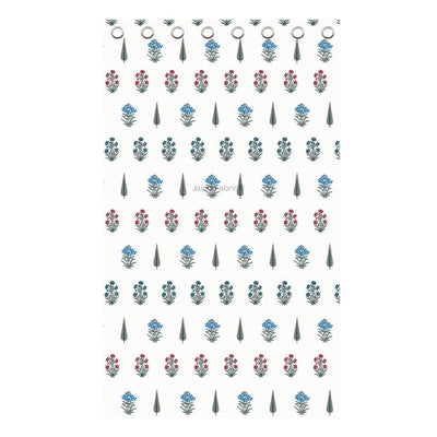 India Blocks of Red Blue Flowers Grey Leaves Block Printed Curtains