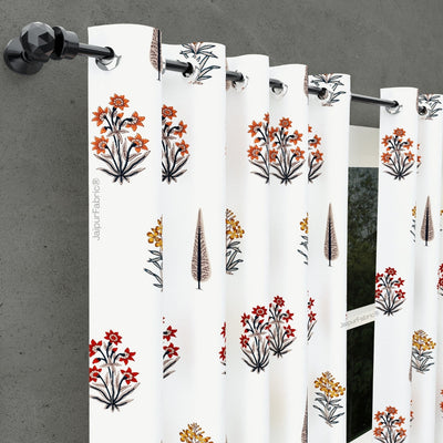 Pink Mustard Flowers Brown Leaves Jaipur Dharohar Boota Print Curtains
