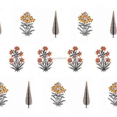 Pink Mustard Flowers Brown Leaves Jaipur Dharohar Boota Print Curtains