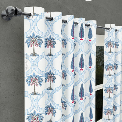 Jaipur Mela Hand Block Printed Blue Trees and Flowers Curtains