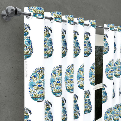 Padma Hand Block Floral Jaipuri Green Kairi Design Curtains Crafted in India