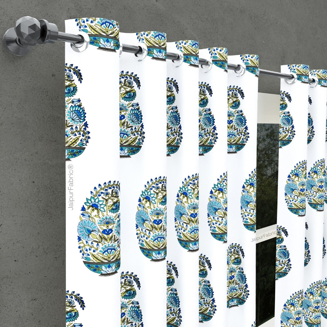 Padma Hand Block Floral Jaipuri Green Kairi Design Curtains Crafted in India
