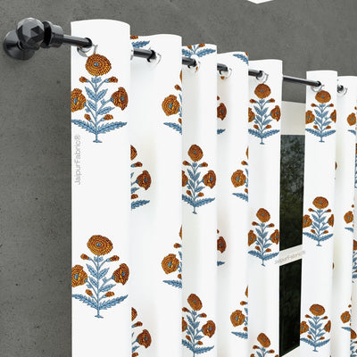 Classic Floral Boota Hand Block Printed Curtains with Marigold Flower and Grey Leaves