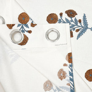 Classic Floral Boota Hand Block Printed Curtains with Marigold Flower and Grey Leaves