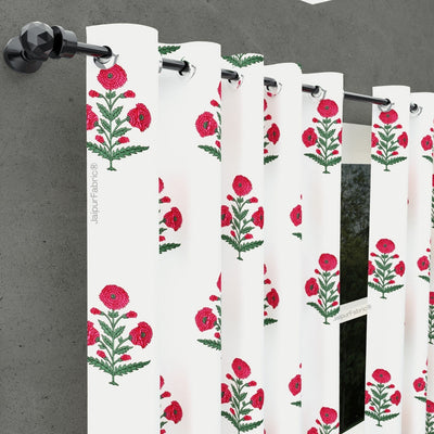 Ocean Enclave Handblock Red Flowers and Green Leaves Curtains