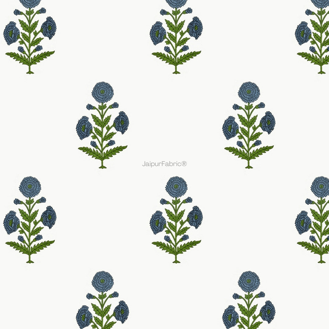 Jaipuri Aachho Hand Block Printed Bed sheet with Blue Floral Blocks