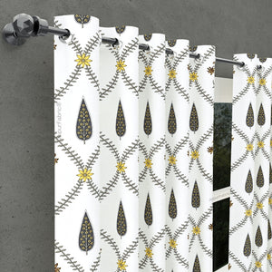 Beautiful Yellow & Grey Pookalam Floral Symphony Rihaa Handblock Printed Curtains