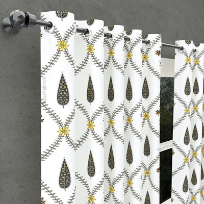 Beautiful Yellow & Grey Pookalam Floral Symphony Rihaa Handblock Printed Curtains