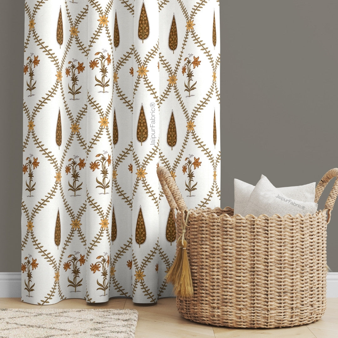 Pinklay Golden Bloom Heritage King Bed Sheet with Yellow & Brown Floral Block Prints