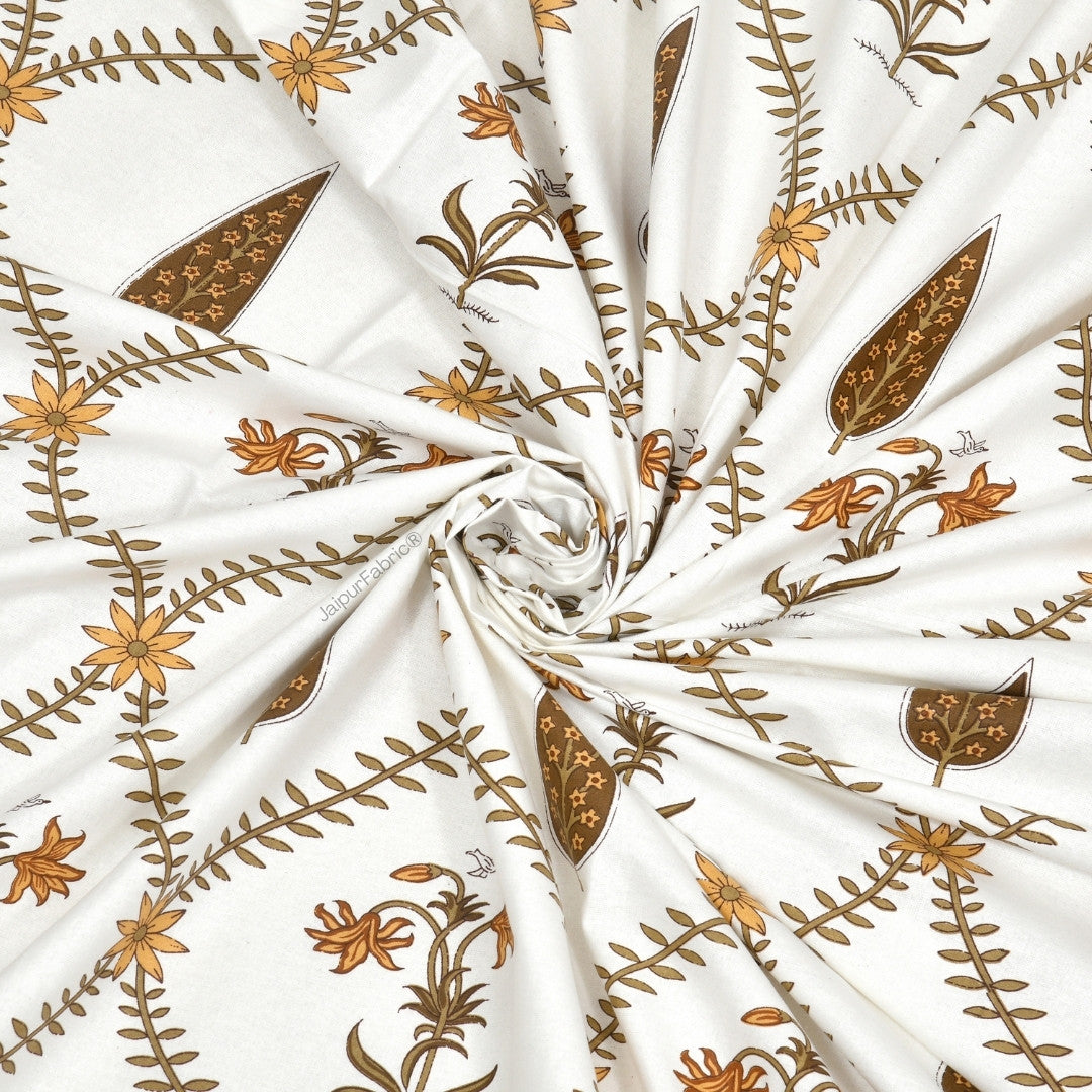 Pinklay Golden Bloom Heritage King Bed Sheet with Yellow & Brown Floral Block Prints