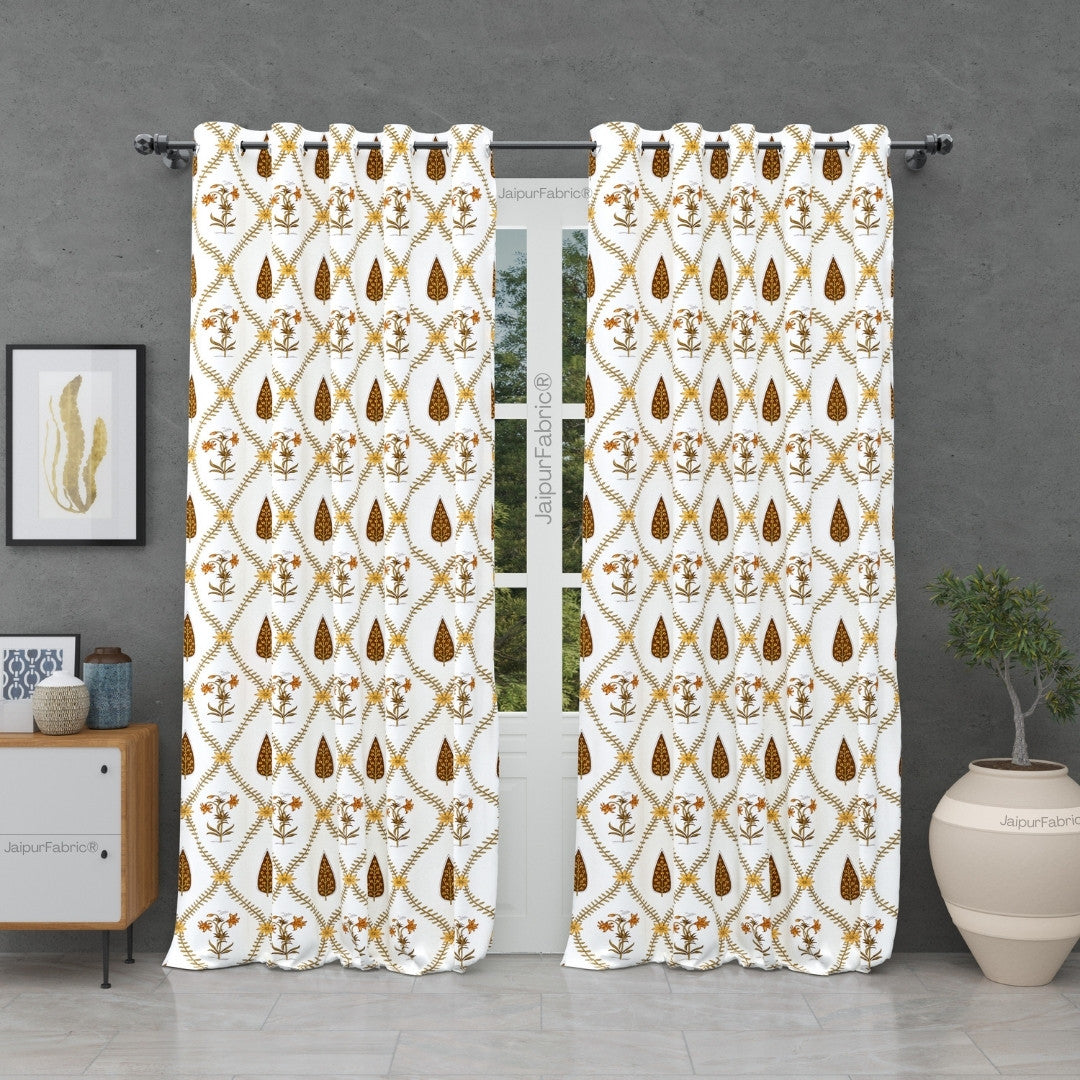 Pinklay Golden Bloom Heritage King Bed Sheet with Yellow & Brown Floral Block Prints