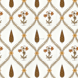 Pinklay Golden Bloom Heritage King Bed Sheet with Yellow & Brown Floral Block Prints