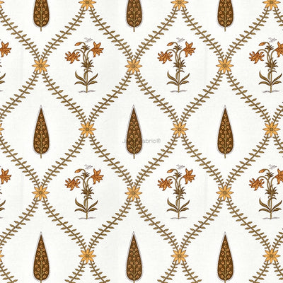 Pinklay Golden Bloom Heritage King Bed Sheet with Yellow & Brown Floral Block Prints