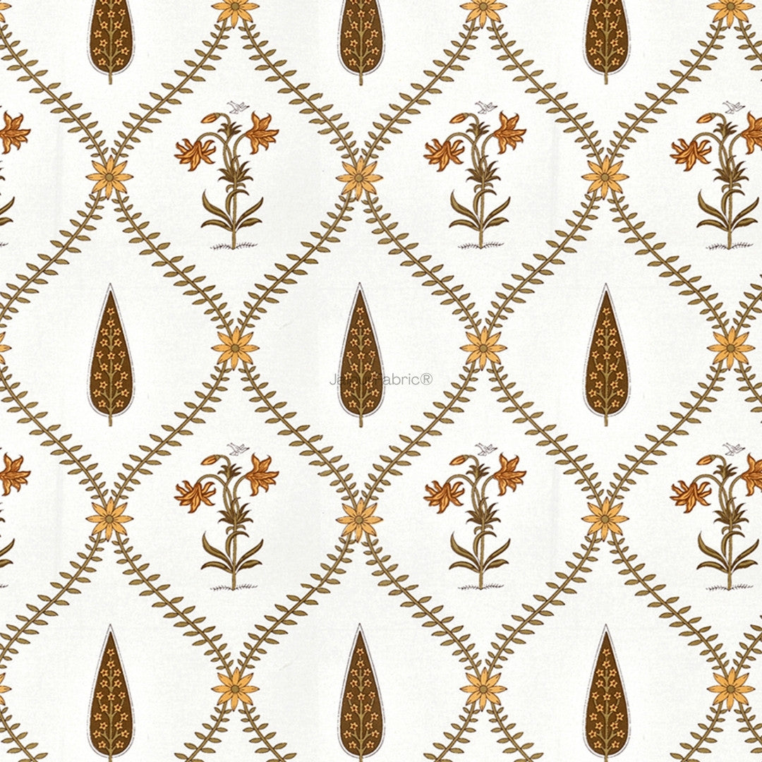 Pinklay Golden Bloom Heritage King Bed Sheet with Yellow & Brown Floral Block Prints