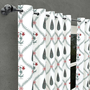 Madhuban Handblock Curtains Pink Flowers and Green Leaves