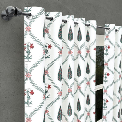 Madhuban Handblock Curtains Pink Flowers and Green Leaves