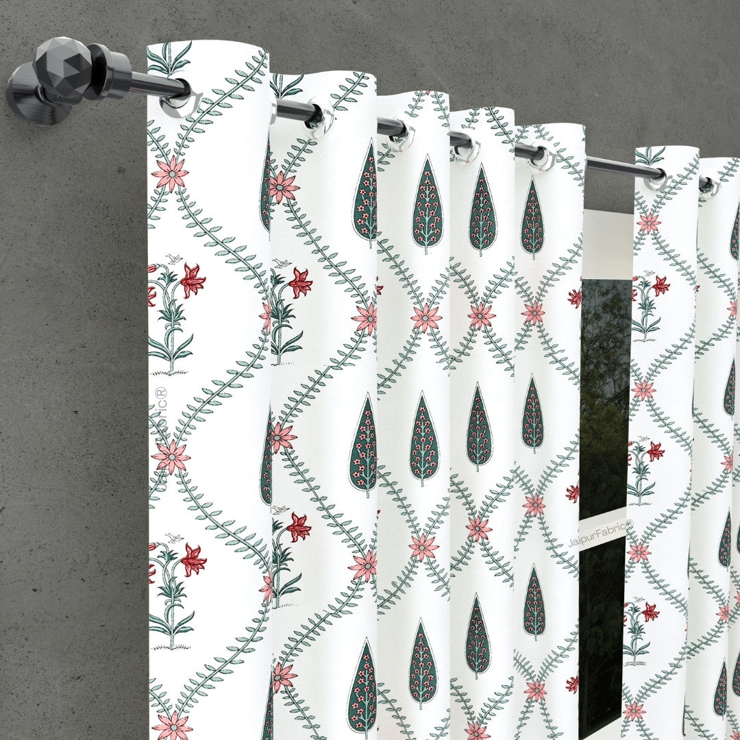 Madhuban Handblock Curtains Pink Flowers and Green Leaves