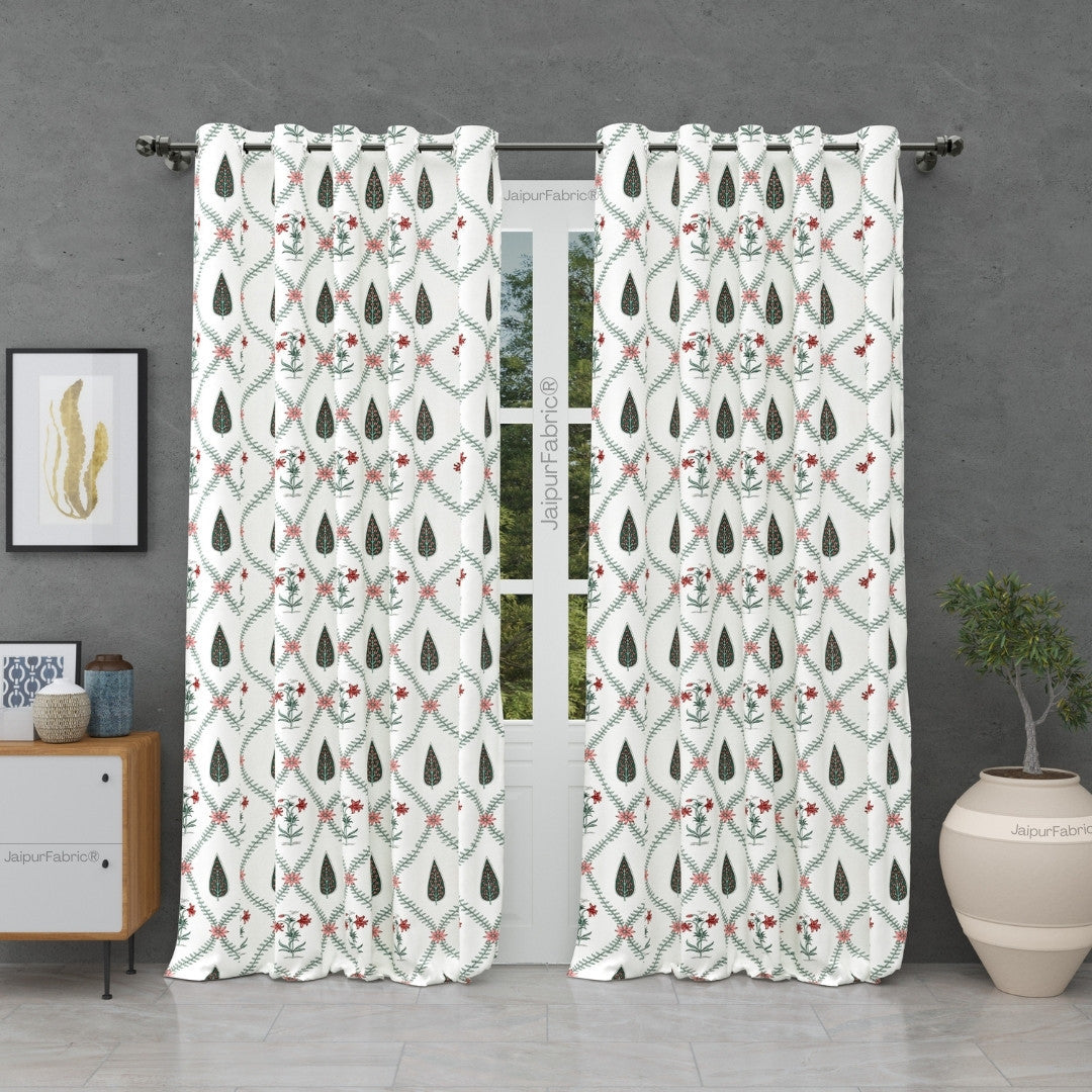 Madhuban Handblock Curtains Pink Flowers and Green Leaves