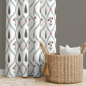 Madhuban Handblock Curtains Pink Flowers and Green Leaves