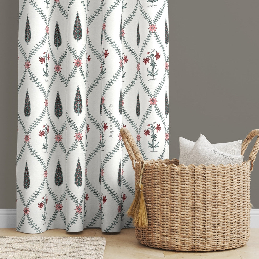 Madhuban Handblock Curtains Pink Flowers and Green Leaves